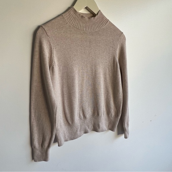 Minimalist Oatmeal Mock Neck Cotton Sweater Size XS Ribbed Neutral Capsule Knit - Picture 4 of 12